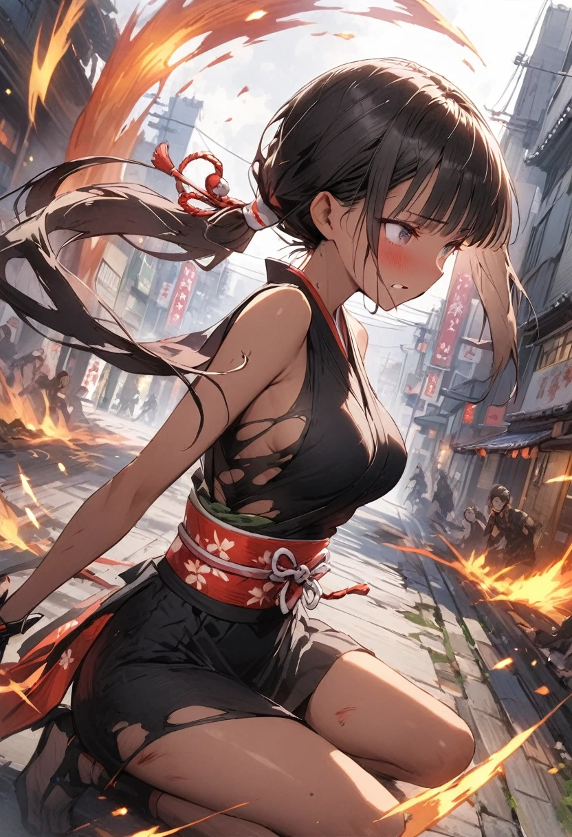 Action Scenes、(A female ninja who fights countless monsters),((masterpiece,Highest quality:1.3,best quality illustration)), solo,1woman,(Mature Japan beauties)、black hair,(low ponytail hair style),long hair,blunt bangs,black eyes,gorgeous eyes,((very small head:1.3)),blush,pain,((very long body:1.2)),medium breasts,(tan skin), (gleaming skin,toned body,slender body, skinny),(Torn black female ninja costume、Injury:1.5,No sleeve、Black mini skirt),Fighting spirit,Urban area,Collapsed Buildingoonlit Night、Modern Tokyo、