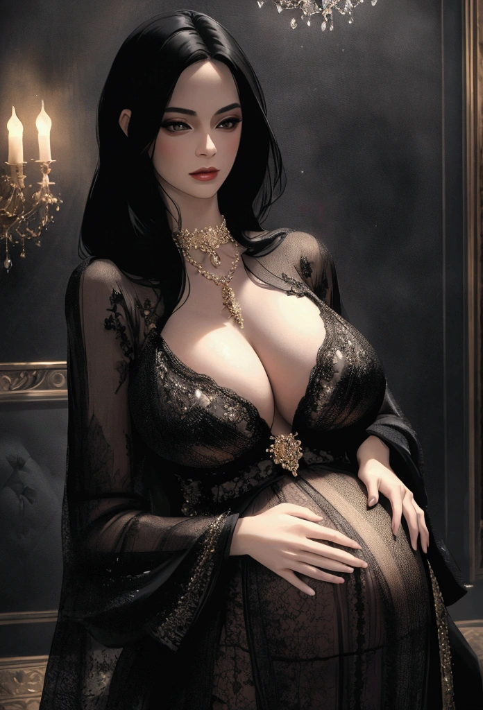 beautiful man, black hair, pregnant woman, beautiful, elegant, luxurious, (best quality,4k,8k,highres,masterpiece:1.2),ultra-detailed,(realistic,photorealistic,photo-realistic:1.37),highly detailed portrait, chiaroscuro lighting, dramatic lighting, cinematic, dramatic, high contrast, warm colors, moody, elegant fashion, luxury, opulent, ornate, jewels, expensive clothes, formal attire, glamorous, sensual, alluring, seductive