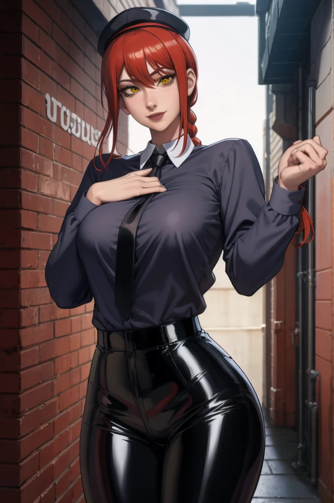 1 girl, (standing alone:1.2), , (looking at the viewer:1.5), necktie preta, (アニメ:1.2) (curved:1.2),, (work of art:1.3), (best qualityer:1.3), (Perfect Anatomia:1.4), highly detailded, , smooth shading, detailded, semi-realistic, Hands, long hair, smile, bangs, (yellow  eyes:1.2), braid, Red hair, braided ponytail, surrounded eyes, chemise, long sleeves, white chemise, necktie, collared chemise, black latex pants, latex black pants, , , black necktie, chemise tucked in, Secretary, (natta:1.5), (dark alley inside a big city:1.2), concrete, Poor lighting, (dystopian), redheadwear, olhos laranjas detaildeds, wide hips , huge ass ,lewd ,huge breasts ,
