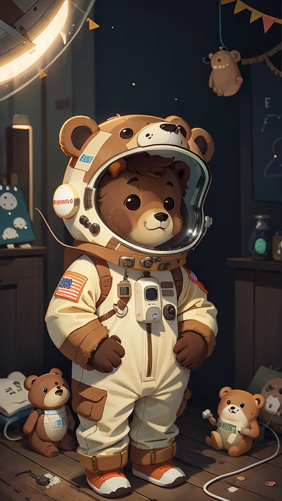 light brown bear Wear a cute, bright astronaut suit.