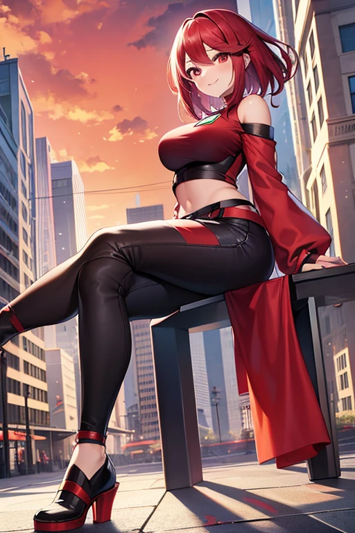 Pyra, Red T-Shirt with Black Sleeves, Long Pants with Rips, City Landscape, Happy, Cute, Posing