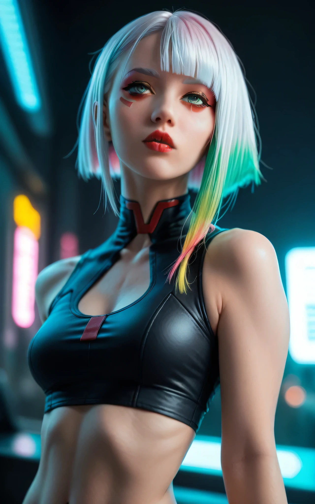 lucy \(cyberpunk\), wide angle, 1girl, hime cut, white hair, blue hair, pink hair, yellow hair, green hair, colored tips, medium hair, multicolored hair, parted bangs, parted lips, multicolored eyes, red eyeliner, red lips, crop top, cyberpunk \(series\)