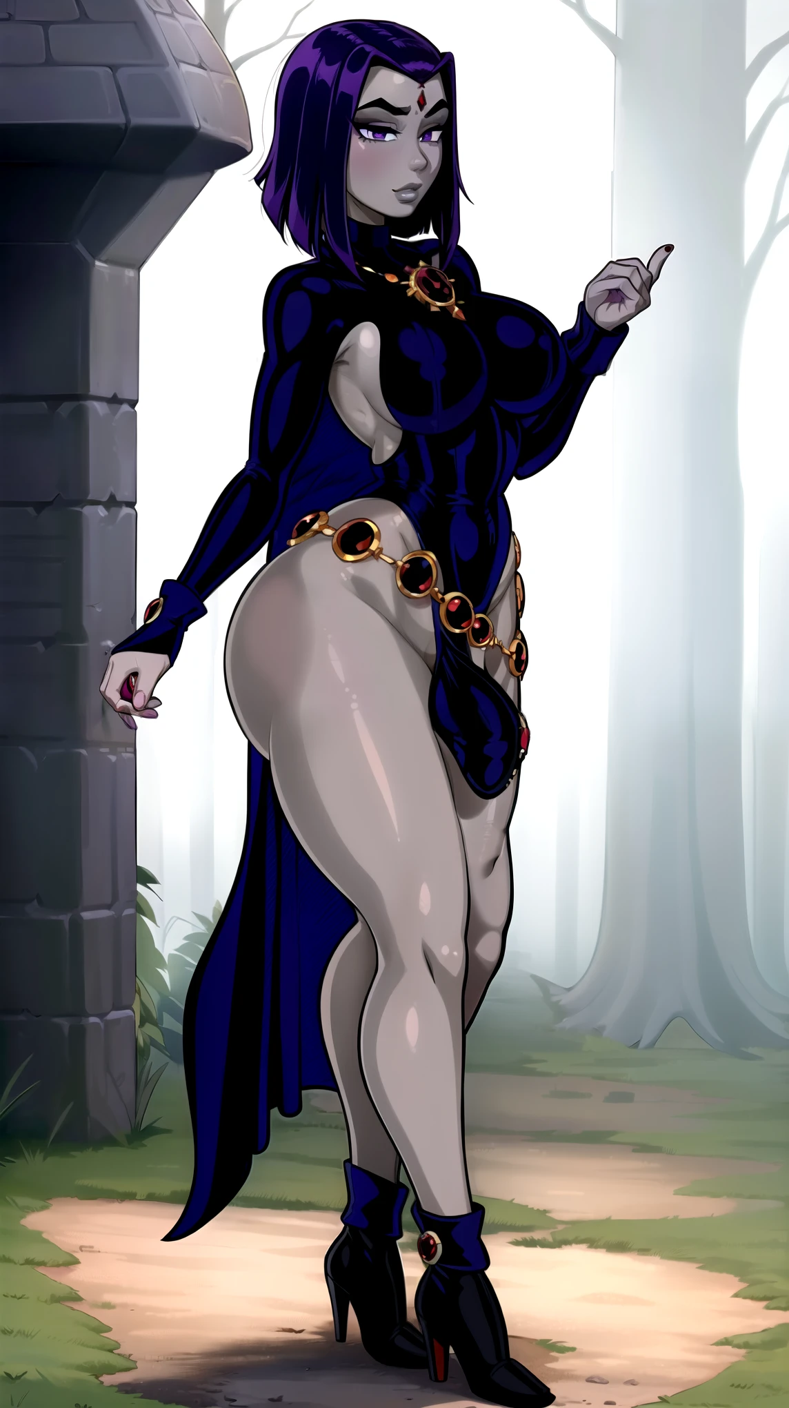 (solo:1.1),(masterpiece), (best quality:1.3),(majalis style) ultra detailed, intricate, professional art, digital art, absurdres, shadraven, (Full body view:1.1), 1girl, solo, (grey skin:1.4), dark purple hair, bob hair, dark purple eyes, hips wider than shoulders, pear shaped body, jewellery, detailed thighs, (thick thighs:1.3), red jewel in forehead, jewels, (long sleeved turtleneck leotard:1.4), (Red jewel Belt), (red jewel brooch), cuffs, small breasts, nipple bulge, (raven long dark purple hooded cloak), (Shadraven brooch:1.2), Shadraven jewel belt, Shadraven wearing a long sleeved leotard, long legs, fingerless gloves,(full lips), ( large penis testicle crotch bulge:1.4),, large penis, large testicles, side angle view, looking at viewer, bubble butt , gluteal crease, universal lighting,