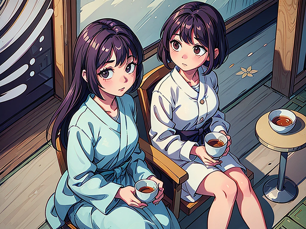 

A young Japanese anime-style girl, drinking a cup of steaming tea, sitting on a chair in the porch of her house, places details of typical Japanese flowers