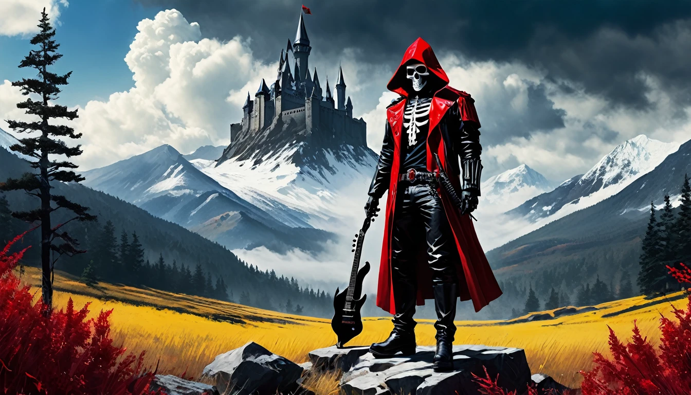 Fully realistic 8k realistic image, masterpiece.Epoxy_skull, A dark red hooded figure with a crown on its head. In the style of Yoji Shinkawa and Hyung-tae Kim, trends in artstation, black fantasy, full body, athletic, black biker boots, athletic body, holding a red, white and black guitar. great composition, conceptual art, Highly detailed. Edward Hopper. 8K. octane rendering. digital painting. Roltec futuristic setting. Highly detailed, Hyper realistic behind a period landscape, realistic with a mountain, castle, clouds, white wolves on the mountain, a dark forest