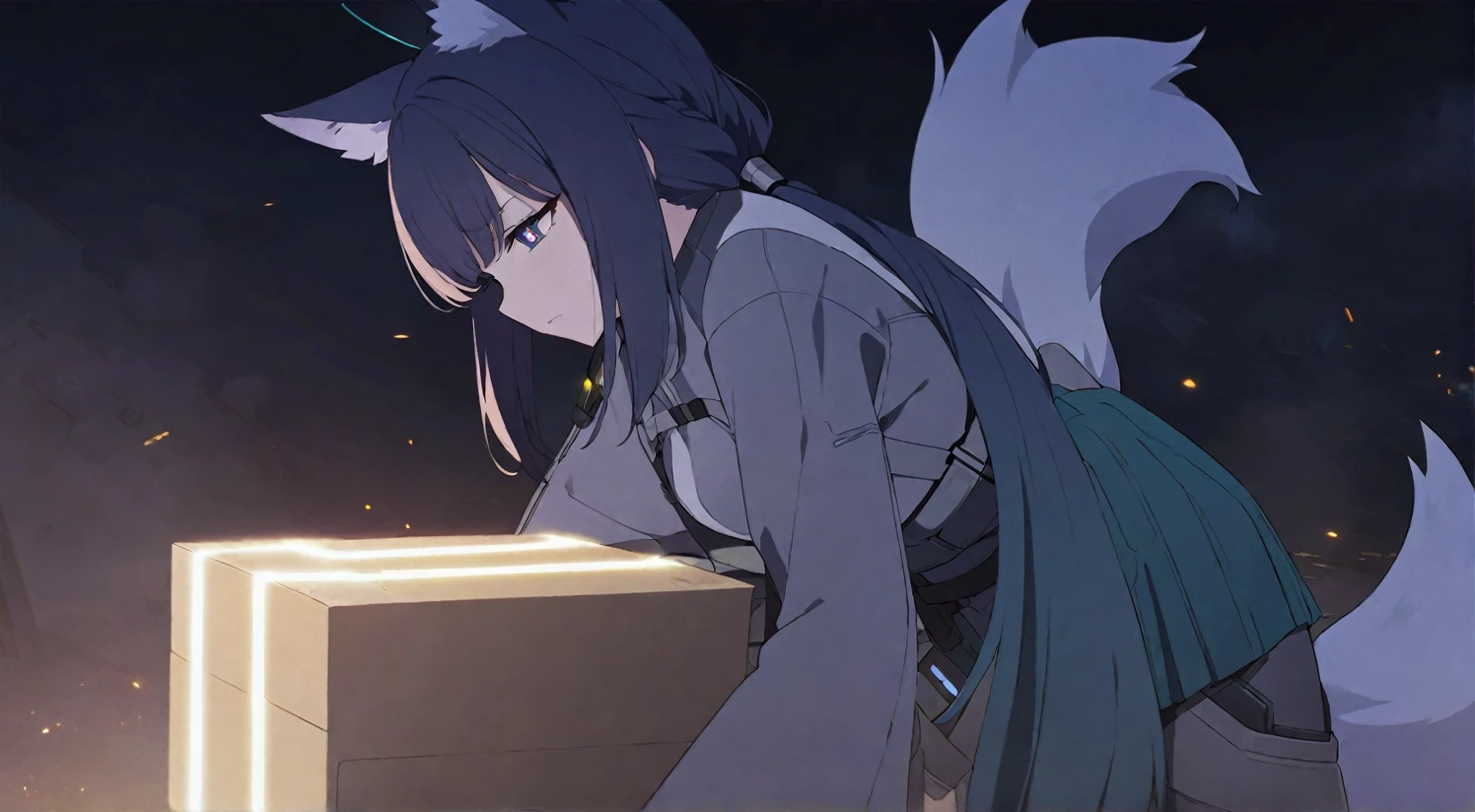 anime coloring. anime screensnap
1girl, solo, bangs, hair braided in a low long ponytail, long blue fox ears, grey blue bodysuit, gray big pants, high boots, big fox fire blue tail, dark blue hair, dark blue eyes, sad look, straps on the chest, straps on the waist, short gray-green skirt. star-shaped pupils. opens a gray box. golden light from the box
black background. cyberpunk aesthetic