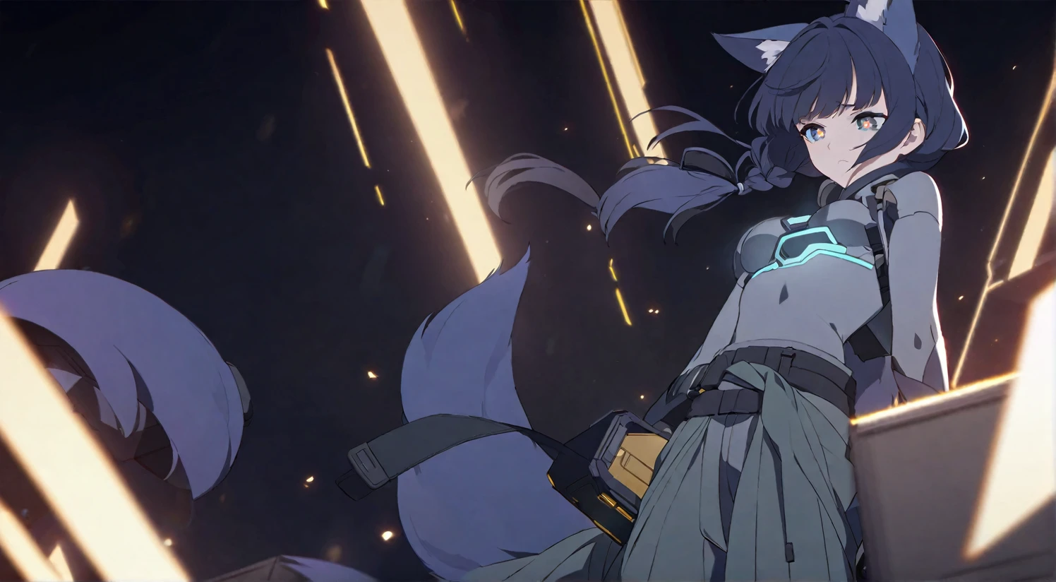 anime coloring. anime screensnap
1girl, solo, bangs, hair braided in a low long ponytail, long blue fox ears, grey blue bodysuit, gray big pants, high boots, big fox fire blue tail, dark blue hair, dark blue eyes, sad look, straps on the chest, straps on the waist, short gray-green skirt. star-shaped pupils. opens a gray box. golden light from the box
black background. cyberpunk aesthetic