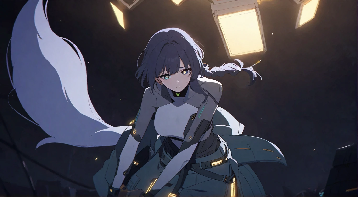 anime coloring. anime screensnap
1girl, solo, bangs, hair braided in a low long ponytail, long blue fox ears, grey blue bodysuit, gray big pants, high boots, big fox fire blue tail, dark blue hair, dark blue eyes, sad look, straps on the chest, straps on the waist, short gray-green skirt. star-shaped pupils. opens a gray box. golden light from the box
black background. cyberpunk aesthetic