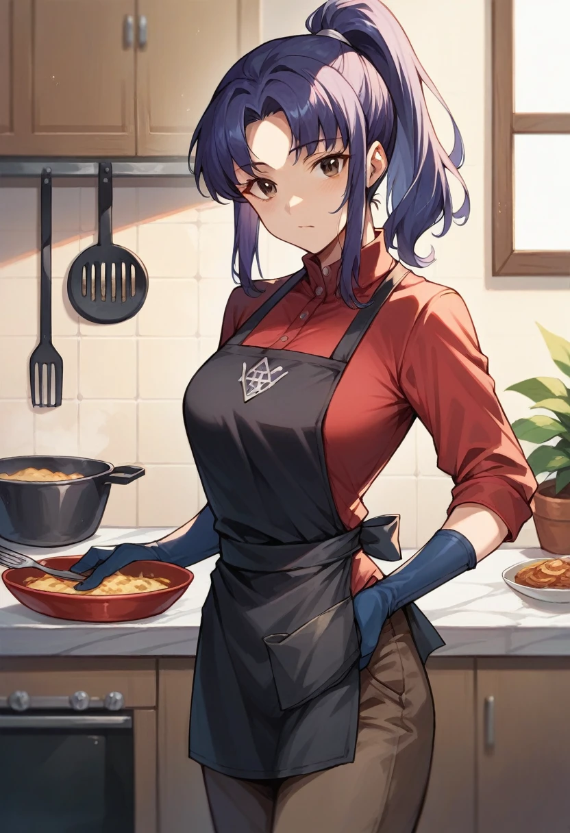1girl, misato katsuragi, ponytail, ((blue half elbow gloves)), (red shirt), ((long sleeves)), (black apron), (pants), looking at viewer, cooking, solo