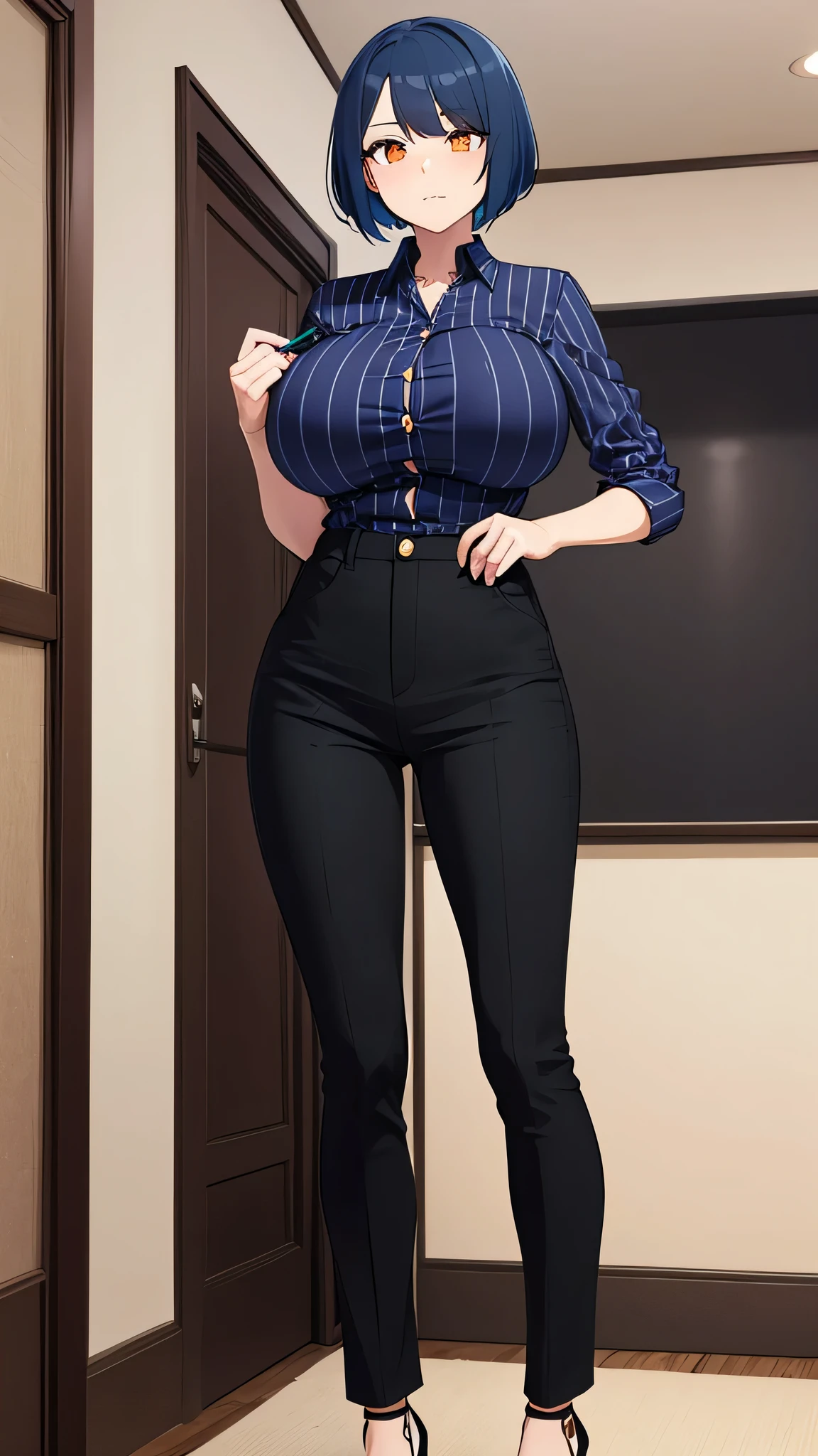 A beautiful woman, beauty, big breast, sexy, cute, blue hair, cut short, disheveled, her orange eye, wearing a black referee shirt, white stripe, button-down, and long gray pants, black heels.