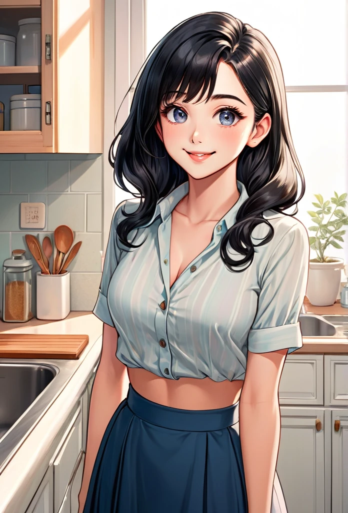 detailed illustration (side view),dynamic angle, ultra-detailed, illustration, pose for the camera, smiling at viewer, clean line art, shading, anime, 2020’s anime style, detailed eyes, detailed face, beautiful face, (1 girl: 1.2), anime, full body, POV from below looking at woman,
1950’s stay at home wife, tight button up blouse, hint of cleavage, long skirt, half lidded eyes, standing in kitchen, domestic goddess, long black hair, (well endowed: 1.8), sexy wholesome, motherly, nurturing, MILF,