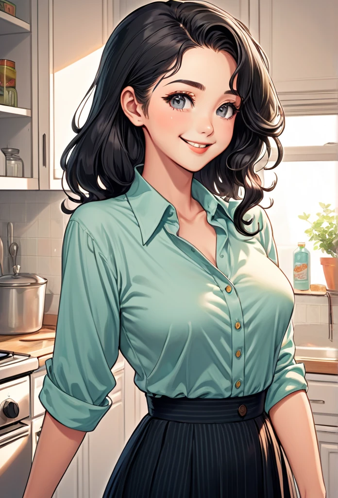 detailed illustration (side view),dynamic angle, ultra-detailed, illustration, pose for the camera, smiling at viewer, clean line art, shading, anime, 2020’s anime style, detailed eyes, detailed face, beautiful face, (1 girl: 1.2), anime, full body, POV from below looking at woman,
1950’s stay at home wife, tight button up blouse, hint of cleavage, long skirt, half lidded eyes, standing in kitchen, domestic goddess, long black hair, (well endowed: 1.8), sexy wholesome, motherly, nurturing, MILF,