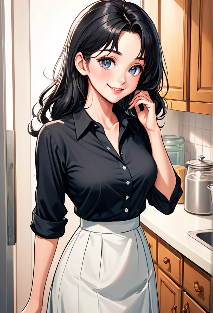 detailed illustration (side view),dynamic angle, ultra-detailed, illustration, pose for the camera, smiling at viewer, clean line art, shading, anime, 2020’s anime style, detailed eyes, detailed face, beautiful face, (1 girl: 1.2), anime, full body, POV from below looking at woman,
1950’s stay at home wife, tight button up blouse, hint of cleavage, long skirt, half lidded eyes, standing in kitchen, domestic goddess, long black hair, (well endowed: 1.8), sexy wholesome, motherly, nurturing, MILF,
