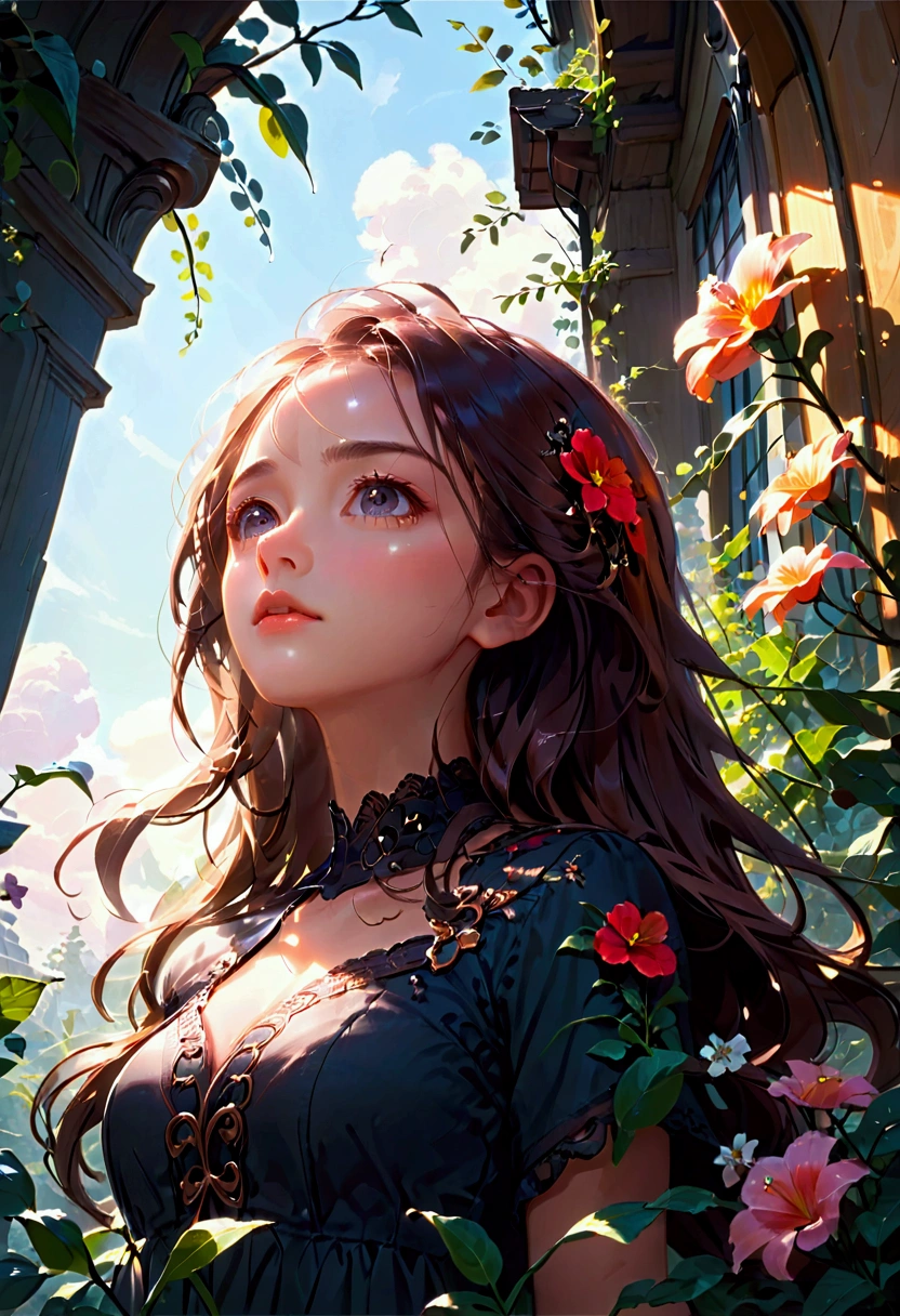 1girl, (Low Angle Shot:2), a beautiful girl in a garden, detailed face, detailed eyes, detailed lips, detailed nose, long eyelashes, elegant expression, flowing hair, (4k,8k,highres:1.2), ultra-detailed, natural lighting, warm color tones, impressionist style, cinematic lighting, masterpiece, best quality, very aesthetic, absurdres