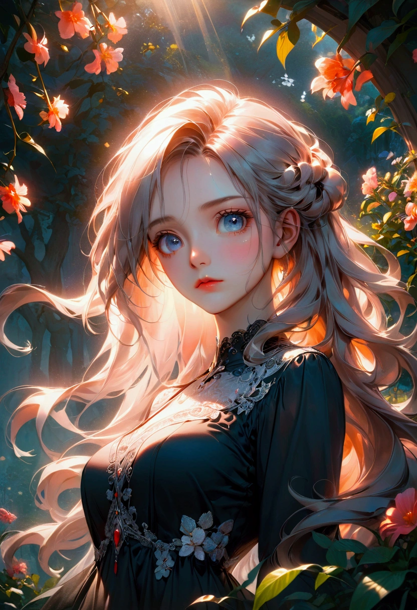 1girl, (Low Angle Shot:2), a beautiful girl in a garden, detailed face, detailed eyes, detailed lips, detailed nose, long eyelashes, elegant expression, flowing hair, (4k,8k,highres:1.2), ultra-detailed, natural lighting, warm color tones, impressionist style, cinematic lighting, masterpiece, best quality, very aesthetic, absurdres