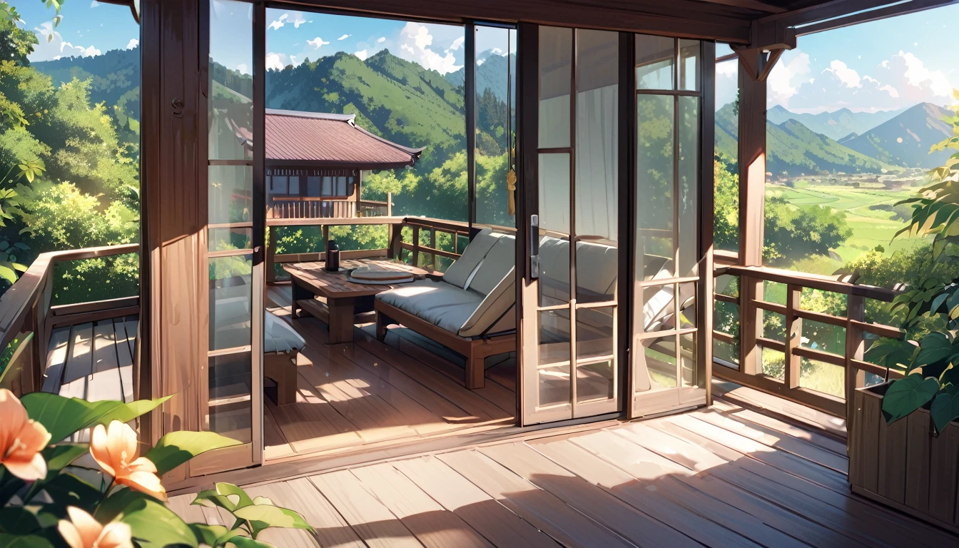Fantastic anime summer wind chimes and rural scenery。Cool glass wind chimes are hung on the wooden veranda.、Swaying in the wind, it produces a clear melody。The wind chimes are painted in various colors.、It enhances the summer atmosphere.。The view from the veranda、The vast countryside spreads、green々The shriveled rice plants are swaying in the wind.。遠くには連なるgreenい山々I can see、空には真っgreenな夏空が広がっている。Colorful flowers bloom in the garden、Lush tree々and flowers are spread out。There are cushions on the veranda.、A glass cup filled with cold barley tea is placed on the table.。Peaceful and beautiful scenery of Japanese countryside in summer。