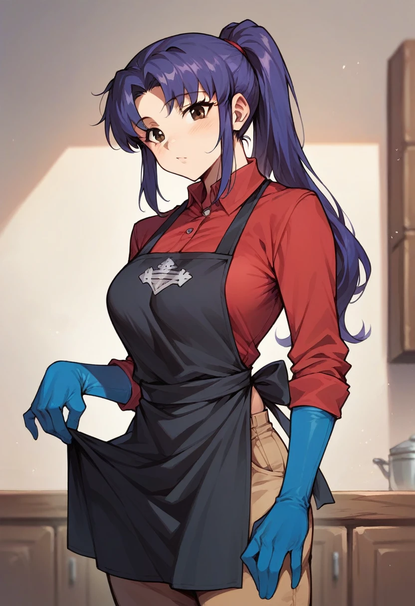 1girl, misato katsuragi, ponytail, ((blue half elbow gloves)), (red shirt), ((long sleeves)), (black apron), (pants), looking at viewer, knead the dough, solo