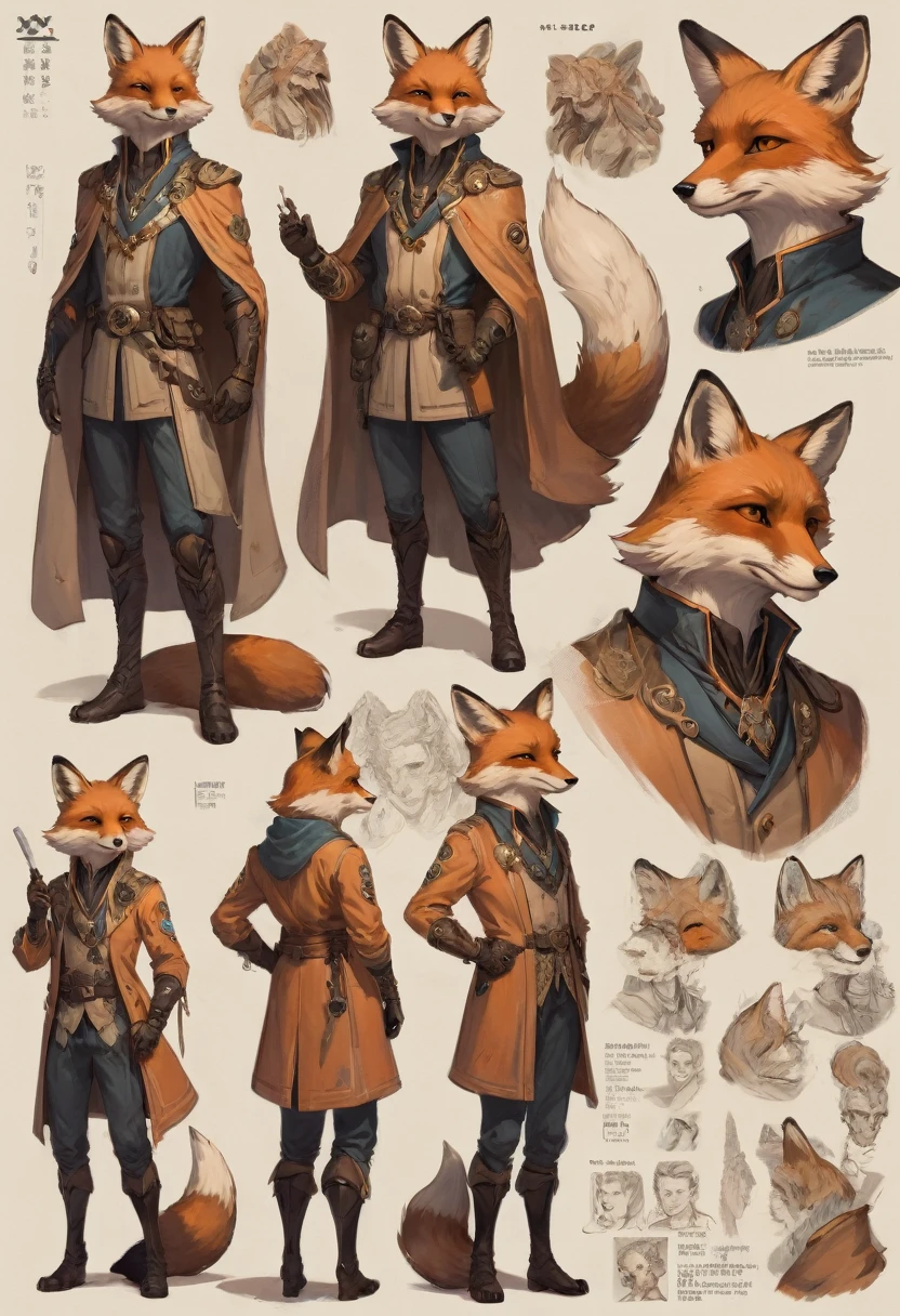 character design sheet by Yliade, best quality, masterpiece, Representative work, official art, Professional, Ultra intricate detailed, 8k, human fox