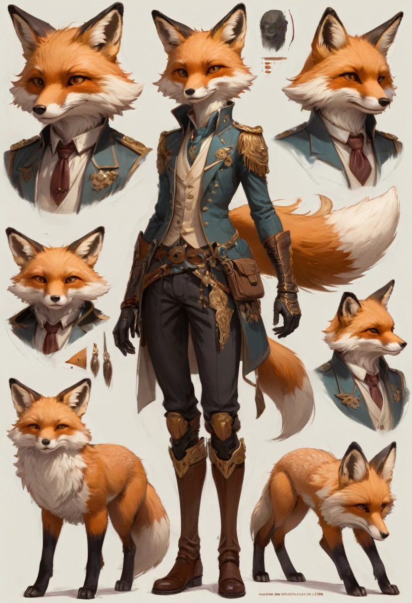 character design sheet by Yliade, best quality, masterpiece, Representative work, official art, Professional, Ultra intricate detailed, 8k, human fox