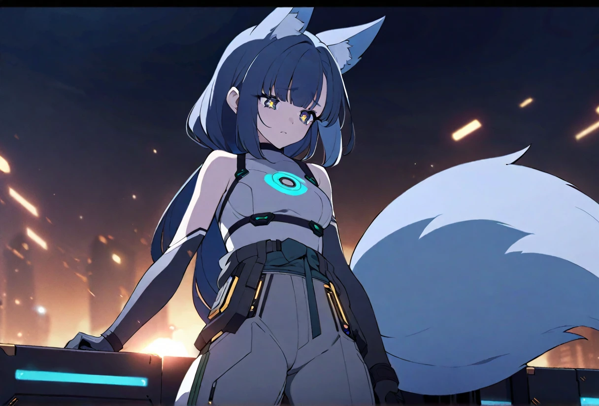 anime coloring. anime screensnap
1girl, solo, bangs, hair braided in a low long ponytail, long blue fox ears, grey blue bodysuit, gray big pants, high boots, big fox fire blue tail, dark blue hair, dark blue eyes, sad look, straps on the chest, straps on the waist, short gray-green skirt. star-shaped pupils. opens a gray box. golden light from the box
black background. cyberpunk aesthetic