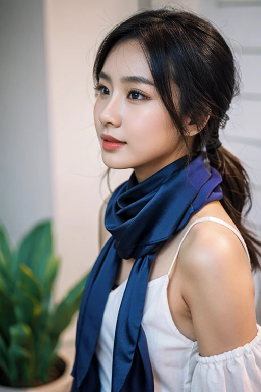 23-year-old Thai-Chinese girl, small and cute monolid eyes, less makeup, low-ponytail with double-tails silk pleated scarf, French-twist vintage-printed tight scarf strangled around her neck, double long-tails scarf with a big knot behind the neck, white tank top with blue denim