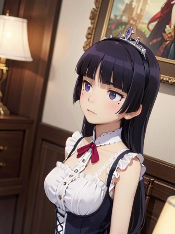 (Low angle shot), ((ruri gokou)), girl, alone, Hime cut, Black Hair, Mole under the eye, Long Hair, Noble woman, Confident expression, Gorgeous dress, crown, Ballroom, chandelier, Royal purple, Light and shadow contrast
