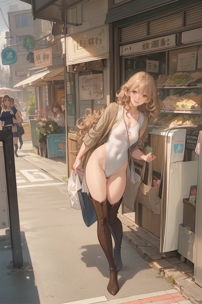 smile、look at the camera、Low angle shooting、(full body shot)、(beautiful 45 year old mature woman、long curly light brown hair、high leg swimsuit、stockings、knee high boots、tote bag、smartphone:1.5)、(A crowded intersection in front of the supermarket on Station Main Street)