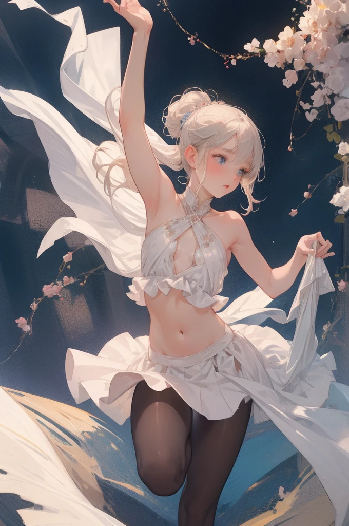 a statue of a female ballerina being held by crystals in a large glass cup, ballerina, ballet, 1girl, ballet slippers, tutu, solo, blue eyes, bare shoulders, pantyhose, white pantyhose, hair ornament, (nsfw:0.55), ((flat chested, flat stomach, baby face)), (intense colors)
