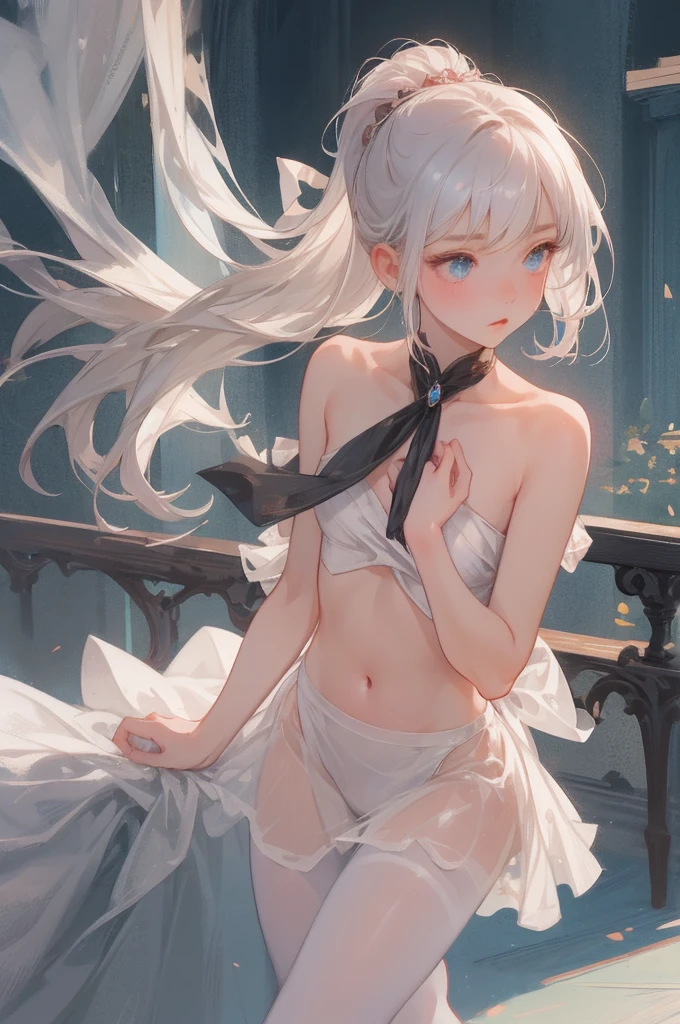 (Long straight blonde hair)(silver hair blue eyes)Girl vs、prettify、thinness、flat、Tall、One with long hair、Ladies、((white sheer blouse、Black miniskirt))、Underwear bite、sexyposture、lower body slender、Back view、looking at windows、1つ突き出す's buttocks、on the floor on all fours、Hips in this direction、Provocative