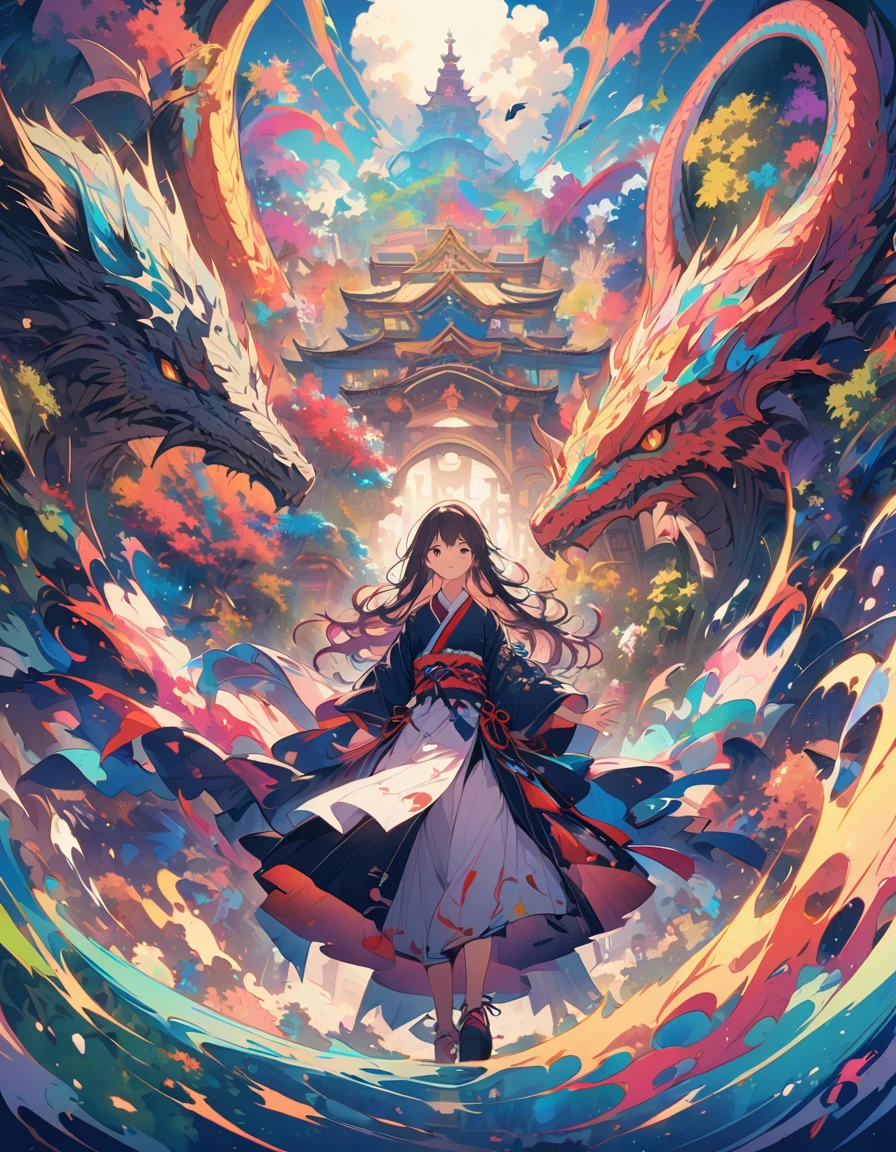 A colorful Japanese anime style illustration of a girl in a traditional attire, surrounded by ancient stone carvings and an array of vibrant geometric patterns. In front is a giant Dragon Model with multiple arms adorned with complex designs, set against a backdrop of blue sky and green fields. The scene captures his joyful expression as he playfully flies a kite amidst these imaginative creatures and structures. with vibrant colors. High resolution. --ar 3:4 --niji 6