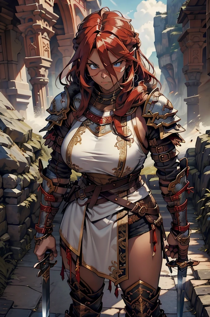 alone, (((1 girl))), Very long hair, Red hair, anger, blue eyes, ((((Muscular)))), ((Huge boobs)), ((Thick thighs)), ((Wide Hips)), Brown Skin,Rusty Bikini Armor, Fur waistband、((Long, broad sword))、(Holding the sword with both hands:1.2)、Big Ass, (From behind), From above、Red dark sky、Steep rocky mountains、Cliff、Lightning strikes、((Detailed and well-formed sword))、(hold the hilt of the sword:1.3)、(Ready your sword)、