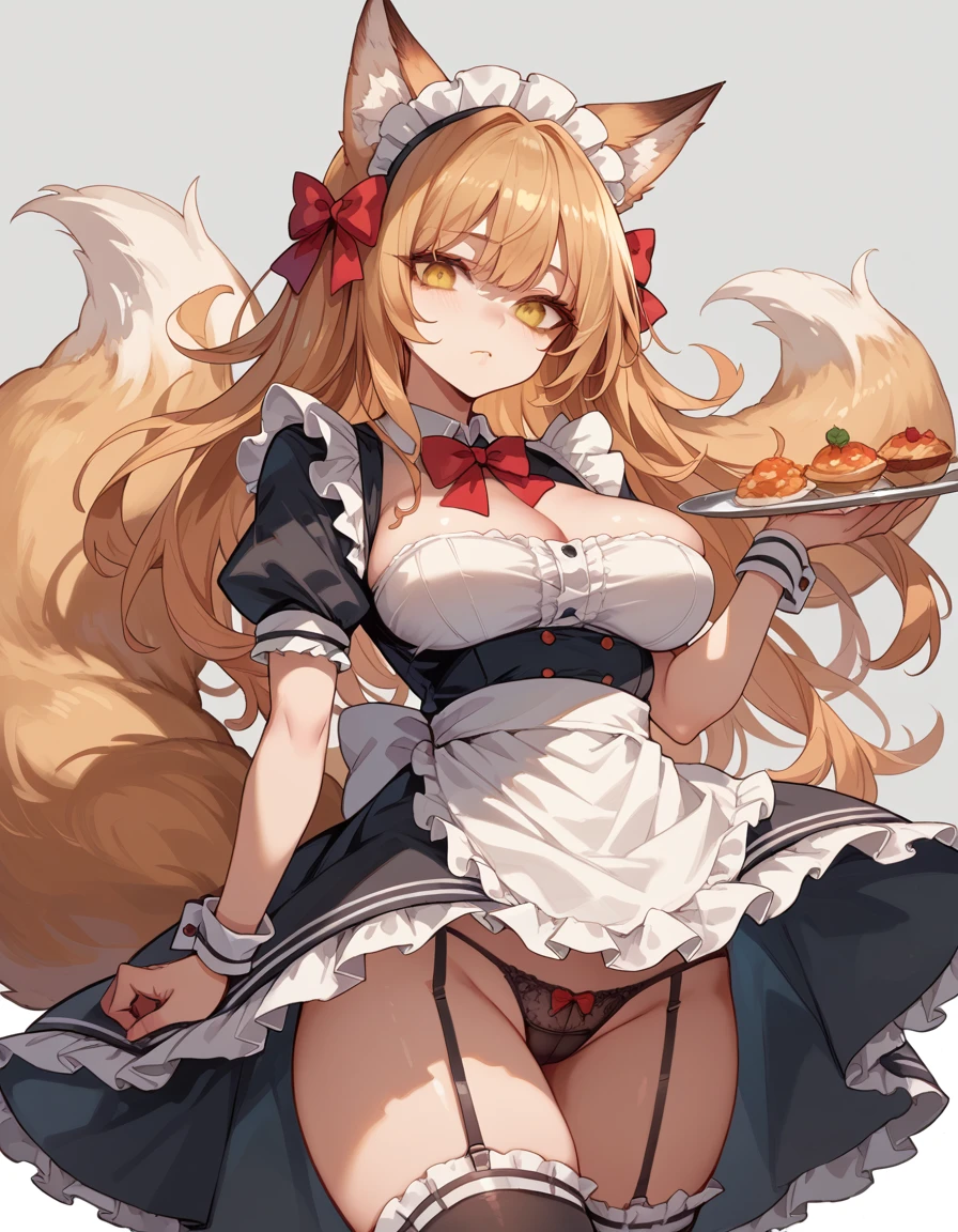 fox woman, wears a maid outfit showing black panties with red bows, has long messy shaggy blonde hair, has red-orange eyes, has a big breast, has fox ears and fox tail.