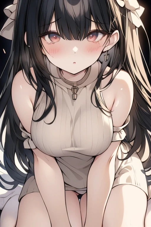(Highest quality)), ((masterpiece)), (detailed), One Woman, pretty woman,Very sexy,Baby Face,yn,Breast size is good,
Beautiful woman,Beautiful Face,Big eyes,Beautiful Eyes,Beautiful double eyelids,Beautiful teeth alignment,Beautiful body lines,Slender body,Beautiful Hands,Beautiful feet,Long hands,Long legs,Long and supple hair,Shiny Hair,Black Hair,Full Body Shot,Embarrassed expression,blush,Crying face,Mouth half open,From below,Beautiful shoulders,Beautiful clavicle、Looking down on a woman,Woman on all fours,(Sweat),((Steam 1.4)),Embarrassed expression,blush,humiliation,((Tube top knit sweater 1.3)),Shoulder out,Beautiful shoulders,Beautiful clavicle,Not wearing a bra,(((Valley 1.7))),mini skirt,White panties,