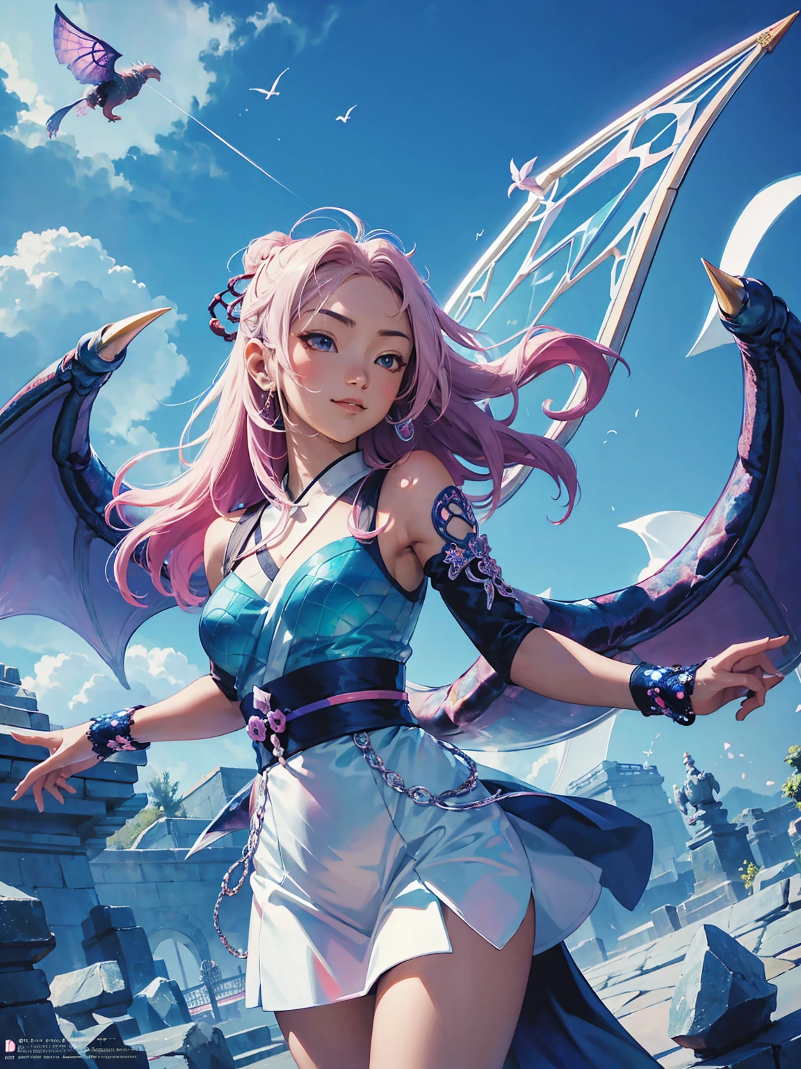 A colorful Japanese anime style illustration of a girl in a traditional attire, surrounded by ancient stone carvings and an array of vibrant geometric patterns. In front is a giant Dragon Model with multiple arms adorned with complex designs, set against a backdrop of blue sky and green fields. The scene captures his joyful expression as he playfully flies a kite amidst these imaginative creatures and structures. with vibrant colors. High resolution. --ar 3:4 --niji 6