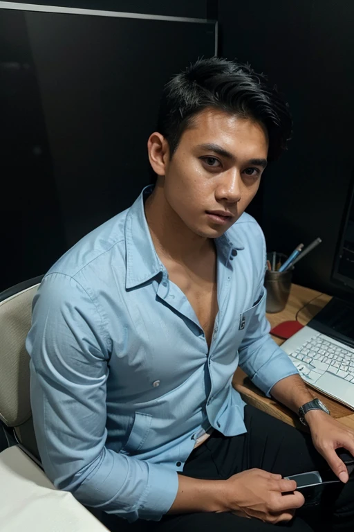 RAW, realistic photo, a handsome young man from Indonesia aged 20, clean face, side sleek hair, wearing a light blue shirt, black single breasted jacket, black pants, looking at a forex trading chart on his laptop.
Small office table background, there is a cellphone and a cup of coffee in the office room, there are several women around him