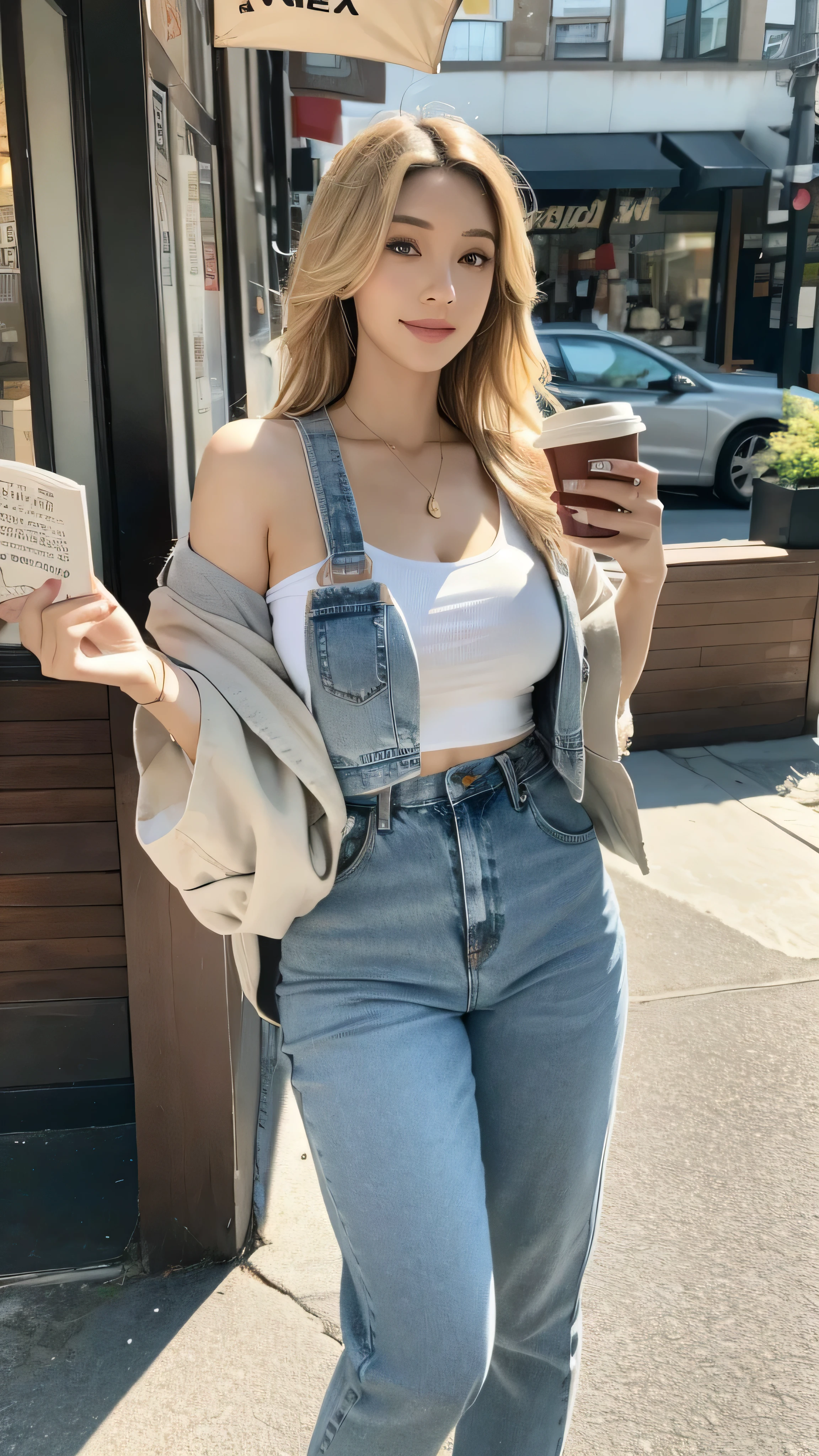 a beautiful  woman, lightskin skin, blond hair, holding a cup of coffee,reading a book inside a bookstore, (best quality,4k,8k,highres,masterpiece:1.2),ultra-detailed,(realistic,photorealistic,photo-realistic:1.37),detailed eyes,detailed lips,extremely detailed face,longeyelashes,fashion portrait,natural lighting,warm colors,urban environment,city street,coffee shop,lifestyle,relaxed expression,casual outfit,jeans and sneakers, no blurring, ultra realistic background, full bofy view