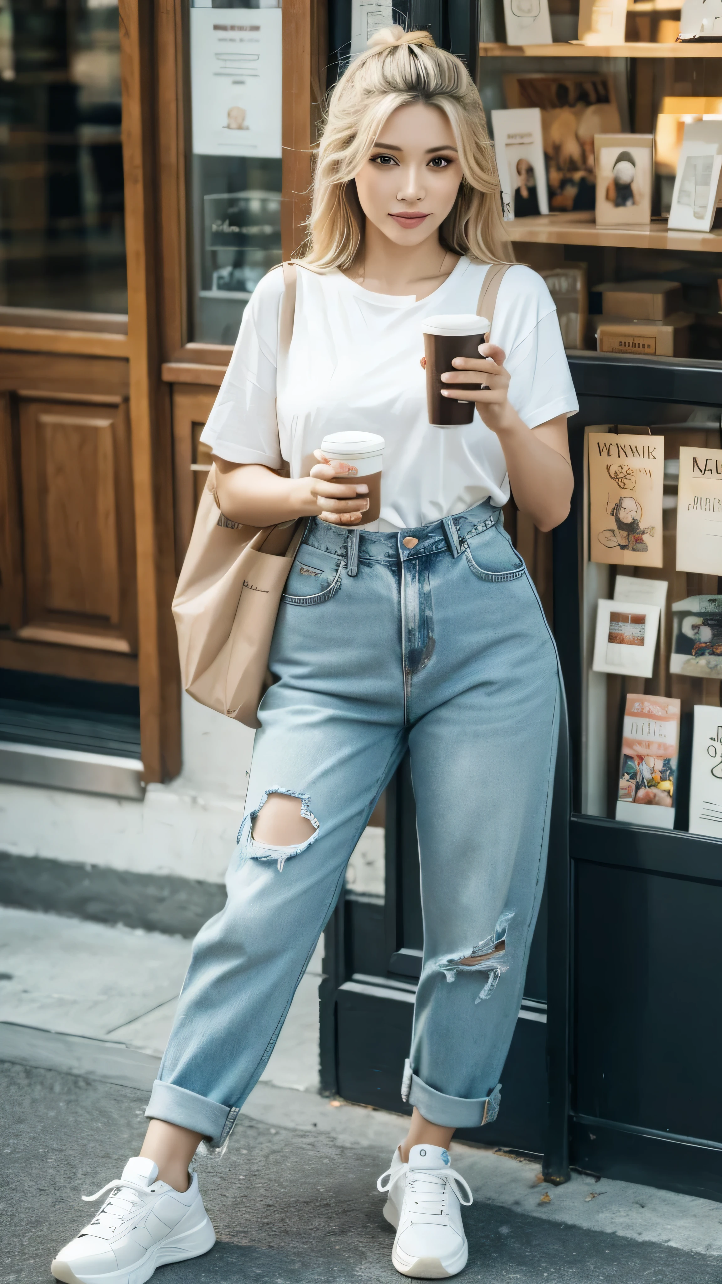 a beautiful woman, lightskin skin, blond hair, holding a cup of coffee,reading a book inside a bookstore, (best quality,4k,8k,highres,masterpiece:1.2),ultra-detailed,(realistic,photorealistic,photo-realistic:1.37),detailed eyes,detailed lips,extremely detailed face,longeyelashes,fashion portrait,natural lighting,warm colors,urban environment,city street,coffee shop,lifestyle,relaxed expression,casual outfit,jeans and sneakers, no blurring, ultra realistic background, full bofy view