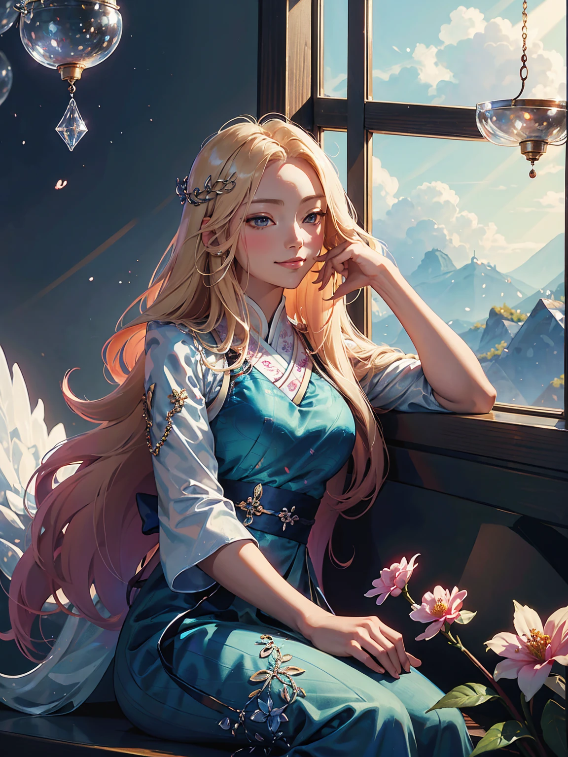 Detailed textures, high quality, high resolution, high accuracy, realism, color correction, correct lighting settings, harmonious composition. A beautiful anime girl in hanfu is sitting on the window sill, surrounded by many hanging bells and wind chimes. The sunlight shines through the clouds onto her face, creating an atmosphere of tranquility and peace. She has long blonde hair with red floral decorations on it, wing traditional Han Dynasty with white sleeves and a red waistcoat. She is smiling gently as she holds one bell to her . The background features blooming flowers under soft lighting. In the style of anime, highest quality. colorful illustrations, highly detailed, high resolution, in the style of digital painting, natural lighting --ar 3:4 --niji 6