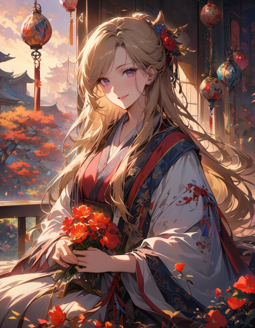Detailed textures, high quality, high resolution, high accuracy, realism, color correction, correct lighting settings, harmonious composition. A beautiful anime girl in hanfu is sitting on the window sill, surrounded by many hanging bells and wind chimes. The sunlight shines through the clouds onto her face, creating an atmosphere of tranquility and peace. She has long blonde hair with red floral decorations on it, wing traditional Han Dynasty with white sleeves and a red waistcoat. She is smiling gently as she holds one bell to her . The background features blooming flowers under soft lighting. In the style of anime, highest quality. colorful illustrations, highly detailed, high resolution, in the style of digital painting, natural lighting --ar 3:4 --niji 6