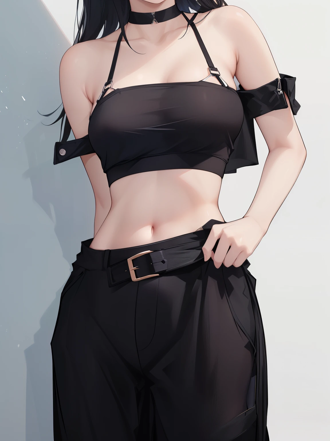 a close up of a woman wearing a black top and pants, her belly button is exposed, bra and shorts streetwear, belly button showing, wearing a sexy cropped top, wearing crop top, lunar themed attire, intriguing outfit, with ripped crop t - shirt, tube-top dress, wearing a cropped black tank top, croptop, open v chest clothes