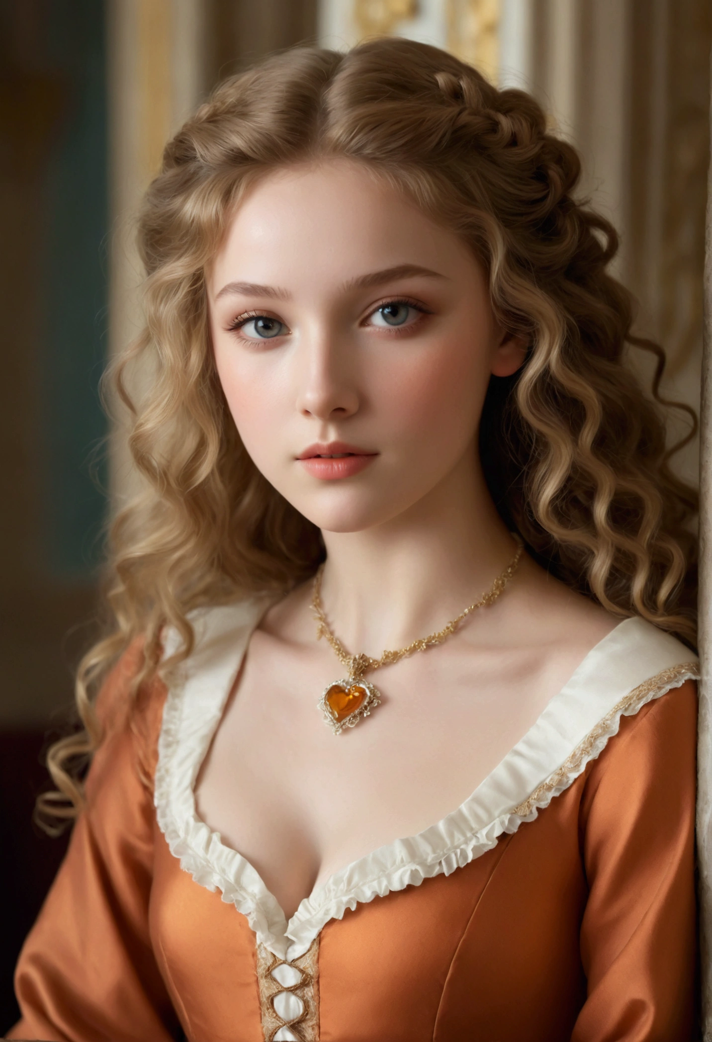 Little woman,Beautiful, Hyperrealist, with long curly brown hair. Nordic European white skin, she has a heart-shaped face with high cheekbones and a delicate jaw. Her eyes are a light hazel,Her hair is curly, light brown with blonde highlights, honey hair. She wears a modest and elegant orange medieval maiden dress with a ruffled collar. Her makeup is natural and understated, with a hint of blush on her cheeks and light brown eyeshadow on her lids. He is 19 years old,She's sexy, flirtatious, he is bolucuous, big tits,Sensual pose and has a sweet and innocent expression. In a room of the Palace.