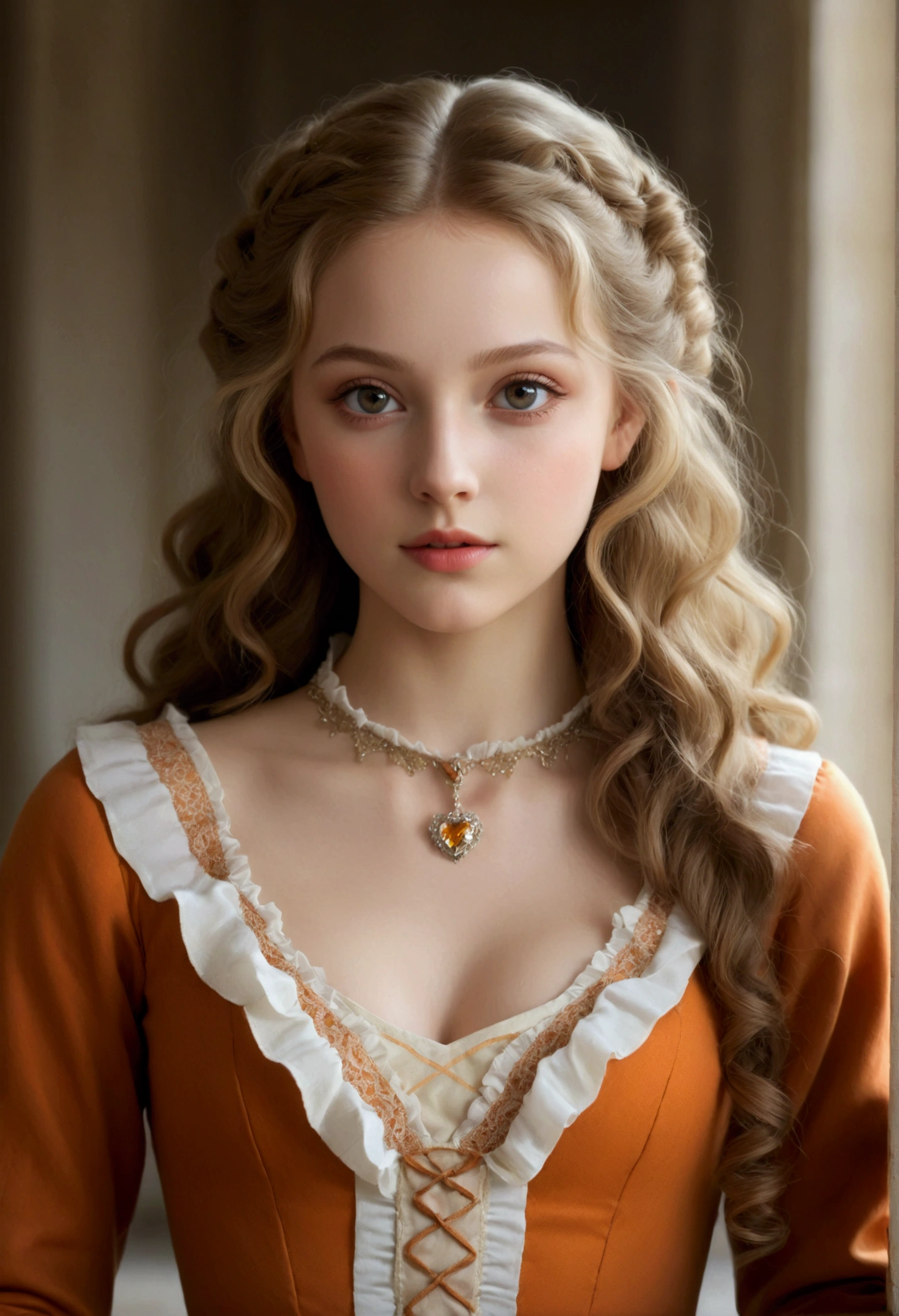 Little woman,Beautiful, Hyperrealist, with long curly brown hair. Nordic European white skin, she has a heart-shaped face with high cheekbones and a delicate jaw. Her eyes are a light hazel,Her hair is curly, light brown with blonde highlights, honey hair. She wears a modest and elegant orange medieval maiden dress with a ruffled collar. Her makeup is natural and understated, with a hint of blush on her cheeks and light brown eyeshadow on her lids. He is 19 years old,She's sexy, flirtatious, he is bolucuous, big tits,Sensual pose and has a sweet and innocent expression. In a room of the Palace.