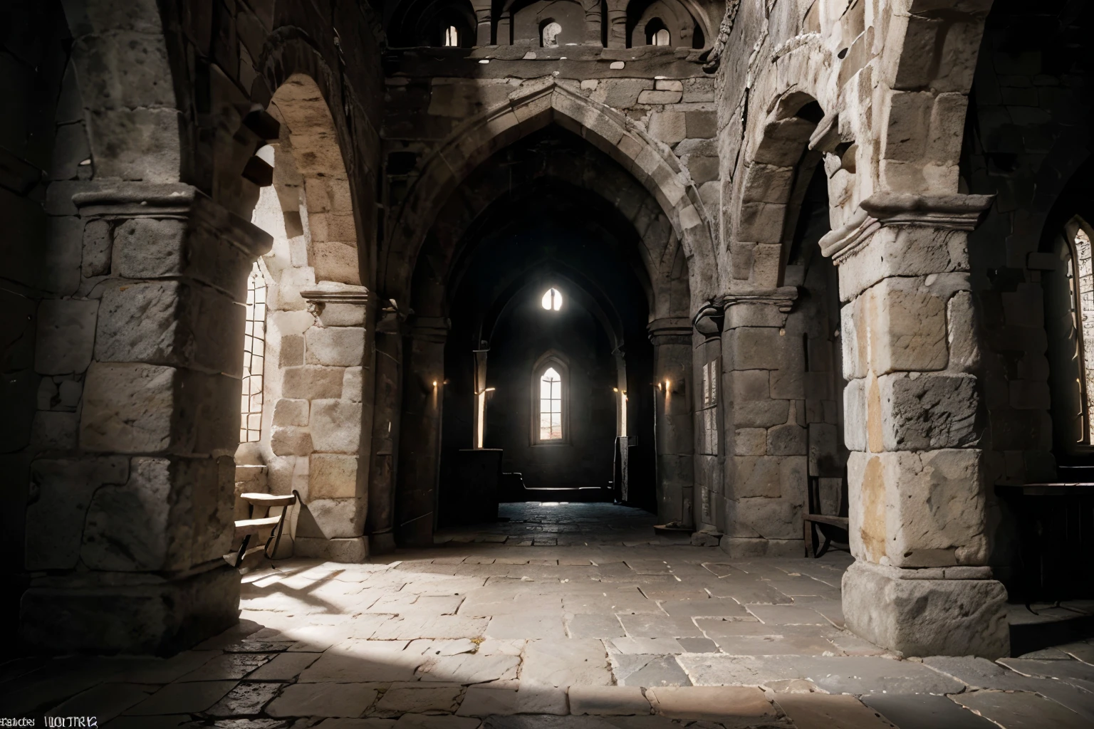 (best quality,4k,8k,highres,masterpiece:1.2),ultra-detailed,(realistic,photorealistic,photo-realistic:1.37),black and white,detailed and intricate medieval castle interior,castle architecture,stone walls,arrow slits,crenellations,archways,ornate stonework,medieval era,view from inside castle walls, dawn dramatic light