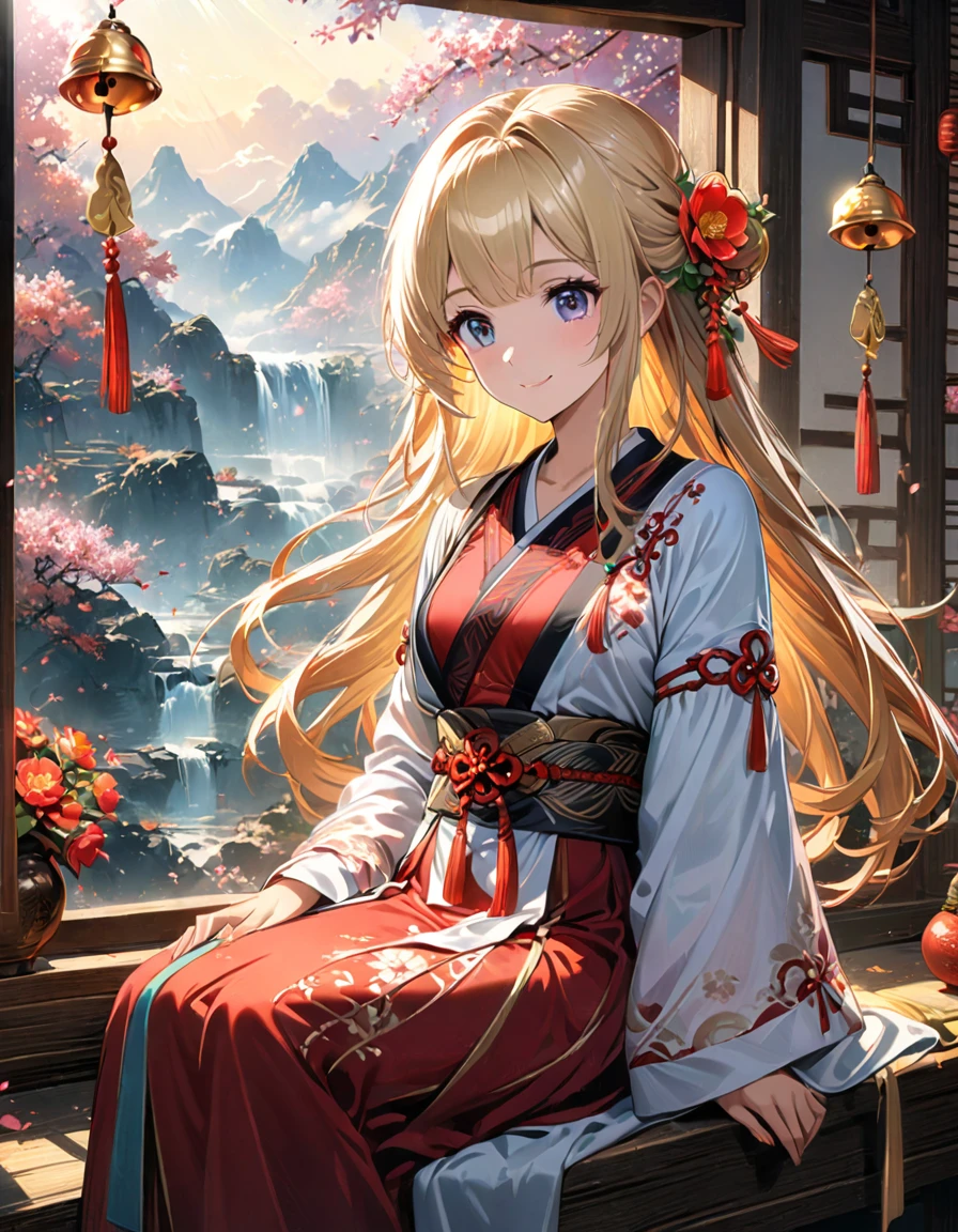 Detailed textures, high quality, high resolution, high accuracy, realism, color correction, correct lighting settings, harmonious composition. A beautiful anime girl in hanfu is sitting on the window sill, surrounded by many hanging bells and wind chimes. The sunlight shines through the clouds onto her face, creating an atmosphere of tranquility and peace. She has long blonde hair with red floral decorations on it, wing traditional Han Dynasty with white sleeves and a red waistcoat. She is smiling gently as she holds one bell to her . The background features blooming flowers under soft lighting. In the style of anime, highest quality. colorful illustrations, highly detailed, high resolution, in the style of digital painting, natural lighting --ar 3:4 --niji 6