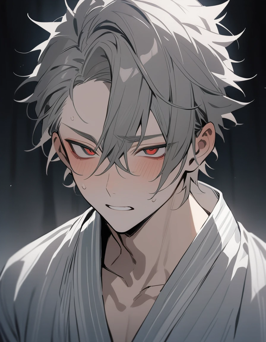 (masterpiece), best quality, expressive eyes, perfect face, only face, male. His skin colour is greyish while his eyes are goat-like black. His hair colour is red and short and spiky. He wears a yukata. He has no mutations. Having wound on his cheeks