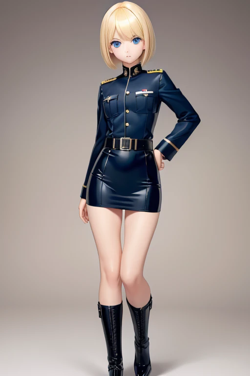 Highest quality,Highest Resolution,(((Black shiny military uniform Blonde dark blue eyes))) Short Hair straight expressionless flat chest woman cool tank