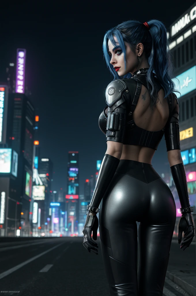 Jinx Arcane, huge tits, a woman with blue hair and tattoos, female cyberpunk anime woman, cyberpunk anime woman, (epic real) ((huge ass)) ((view from in front))