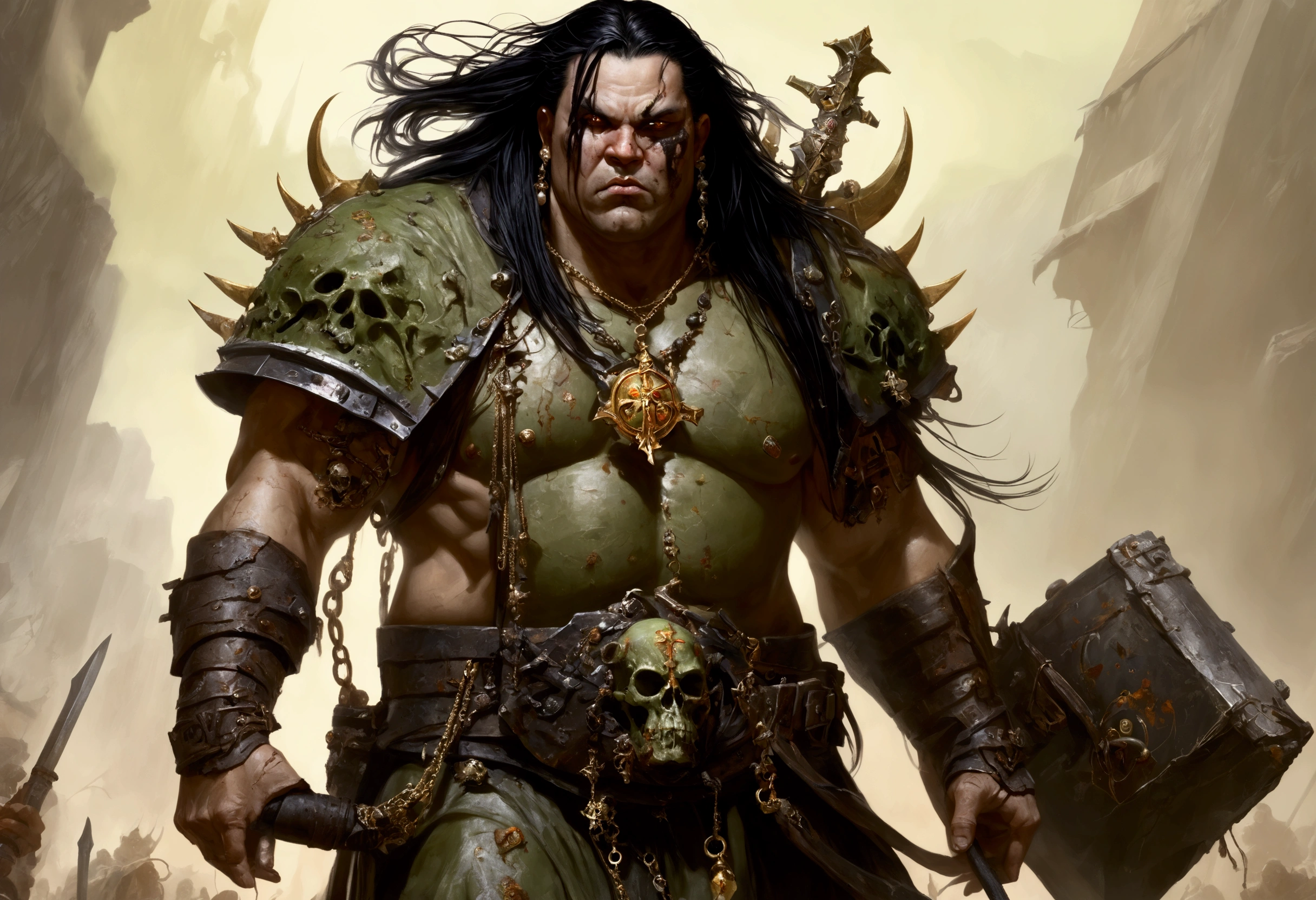 A 40ish man devotee of Warhammer chaos god Nurgle, (bedraggled, black hair, brown eyes, dirty and dingy, european features, dirty worn clothing, tabard with christian markings, obvious chaos tain assorted holy symbol necklaces dagger and mace on belt) walking a trail