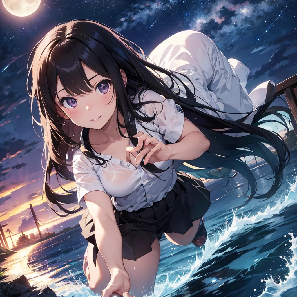 Best quality, ultra high resolution, (photorealistic:1.4), Moonlight falls on the girl's face ,the girl's arms are spread apart ,a cave, Midnight, draw up, wide angle,moonlight is clearly visible, a girl stands on a hill inside a cave, in the place where the moonlight touches the girl's face there is blood, The girl's eyes are closed