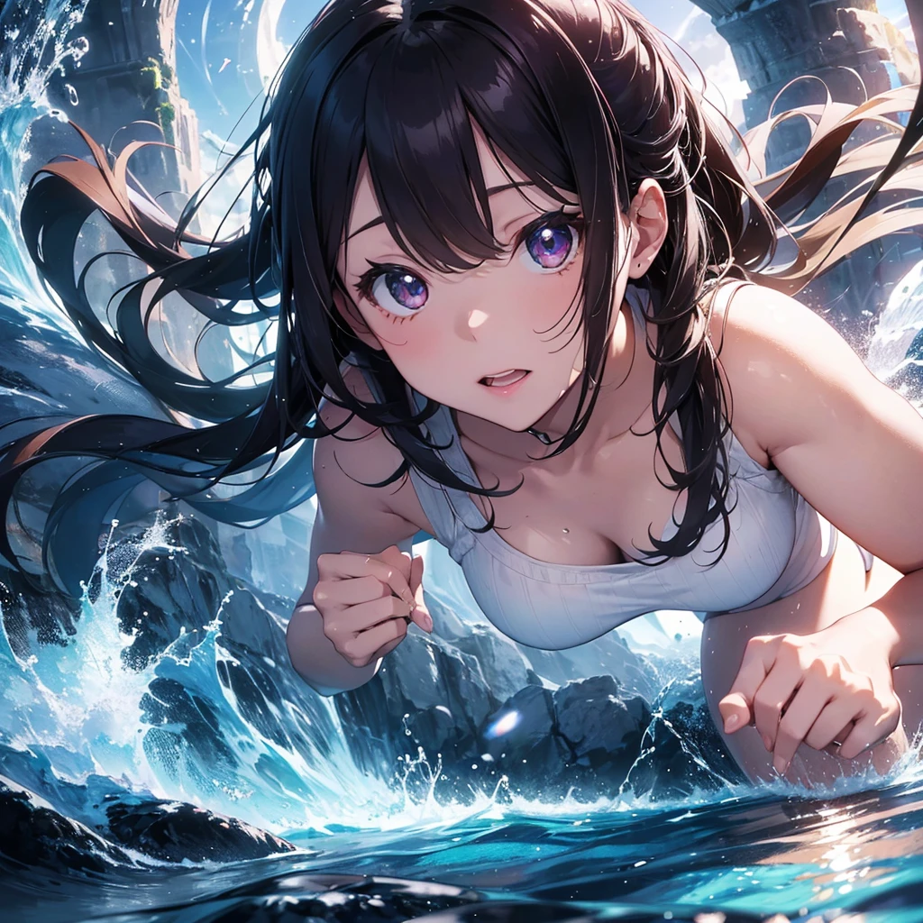 bangs, sidelocks, black hair, long hair, black hairband, perfect shiny hair, blue eyes, ultra-detailed eyes, iridescent shiny eyes,, , , empty eyes , large breasts, solo, nipple,  , Heavy snowfall area,　Freezing wet crying  ,naked, flooding, lightning, inferno, running, bloodshed, crying